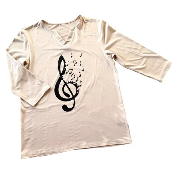 Treble Clef Music Note Top Size S Beige Graphic Shirt 3/4 Length Sleeve Tee - Picture 7 of 8